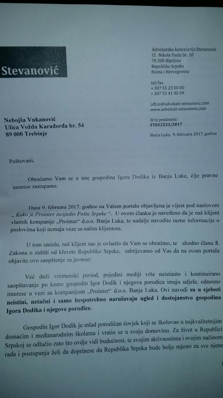 Dodik pisao Vukanovicu.jpg